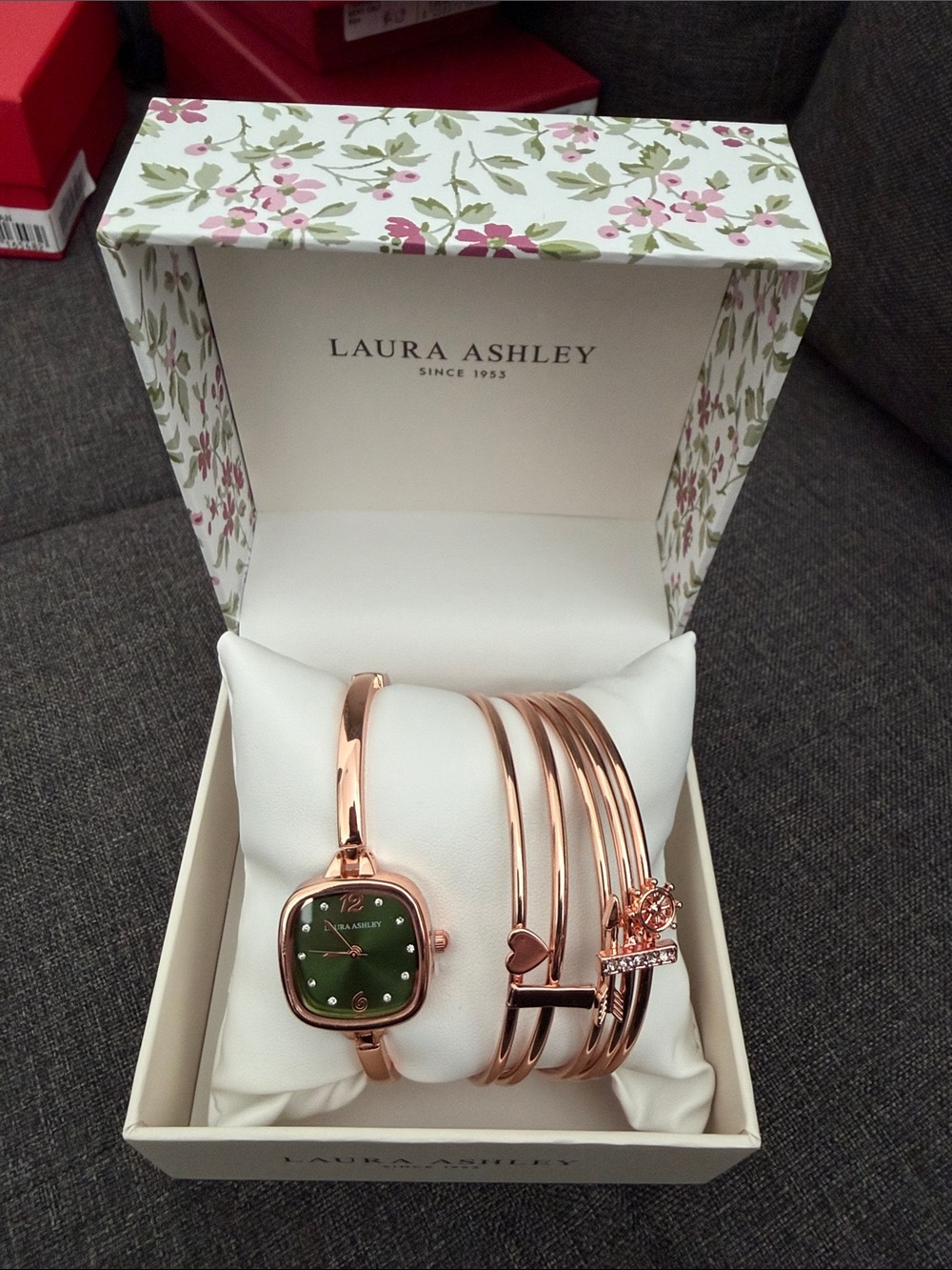 Laura Ashley Rose Gold Bracelet and Green Dial Watch Set